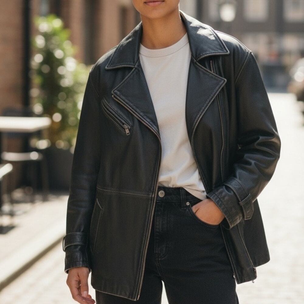 VTG 90s Leather Midi Moto Jacket Women’s L Distressed Grunge Gothic Heavyweight